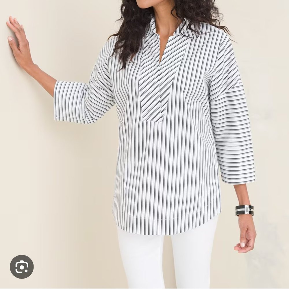 NWT Chicos Double Stripe Poplin Dolman Top Size 2  = Size 12/14 Large